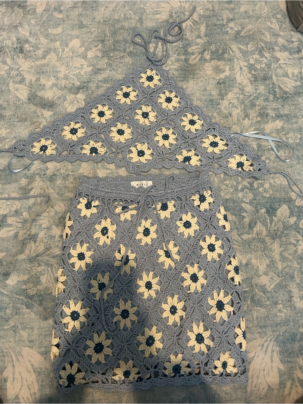 MARBLE Blue Crochet Flower Skirt Set (top & bottom)